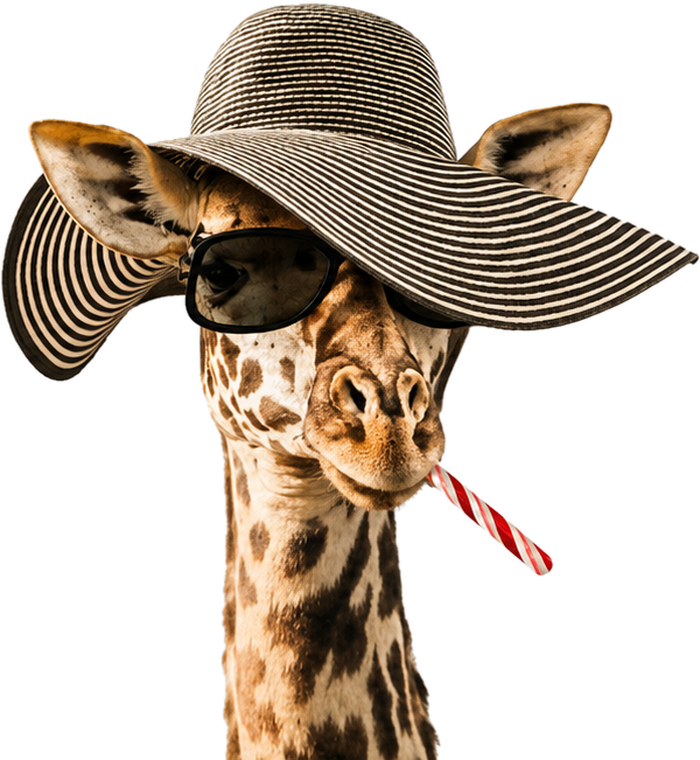 Jirafa con sombrero de playa